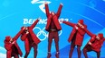 Team Canada celebrate winning the men's 5000m relay in speed skating at the Beijing Games on Feb. 17, 2022.