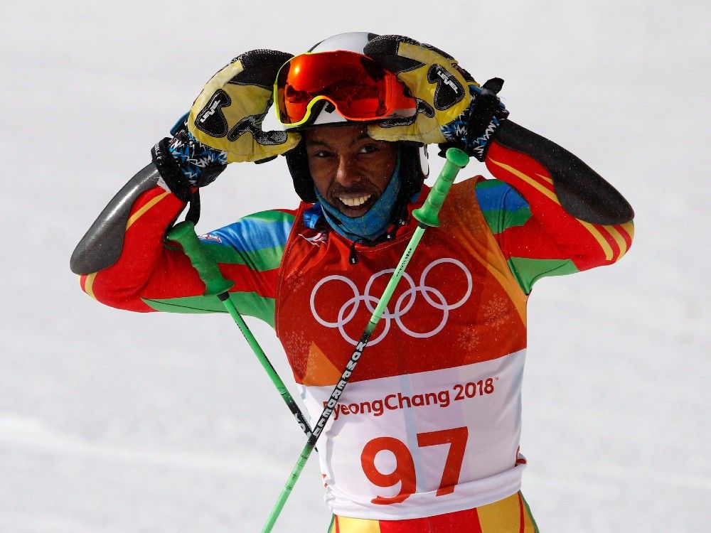  Shannon Abeda reacts after finishing the first run of the men’s giant slalom at the 2018 Winter Olympics in Pyeongchang, South Korea, Sunday, Feb. 18, 2018.