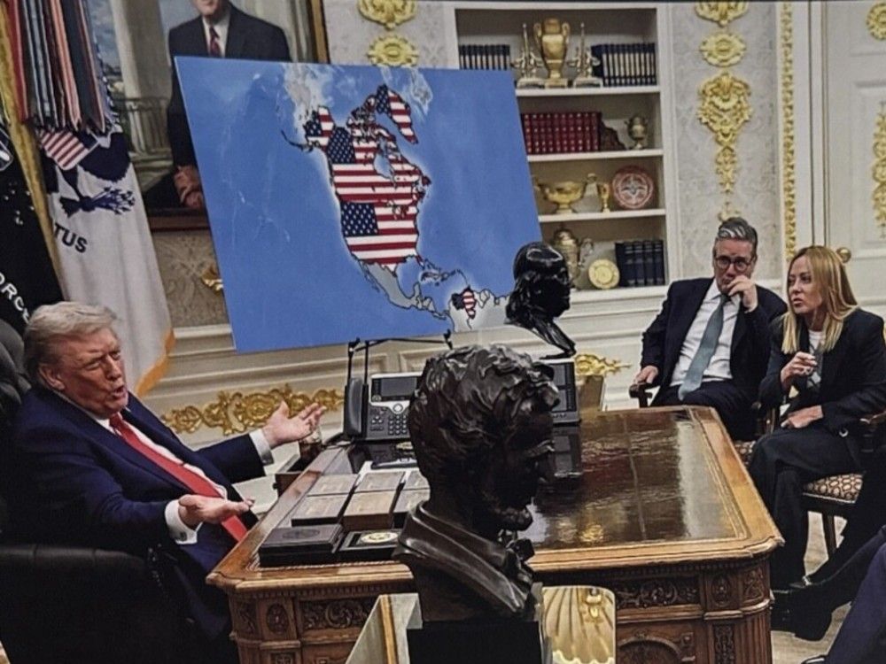 In this doctored image shared to social media by U.S. President Donald Trump, Canada, Venezuela and Greenland are shown covered by the American flag on a map of the Western Hemisphere shown in the Oval Office where the president was meeting with U.K. Prime Minister Keir Starmer and Italian Prime Minister Giorgia Meloni. 