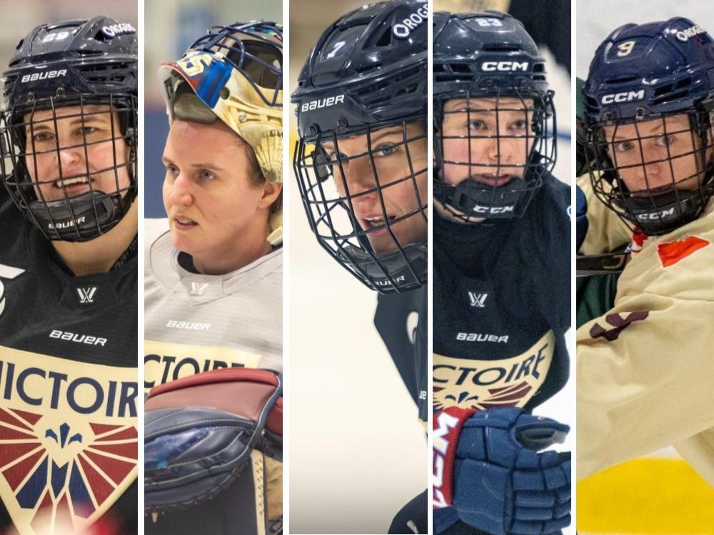 Montreal Victoire players on Team Canada, from left: Marie-Philip Poulin, Ann-Renée Desbiens, Laura Stacey, Erin Ambrose and Kati Tabin.