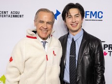 Prime Minister Mark Carney and Heated Rivalry star Hudson Williams attend the Prime Time 2026 event hosted by the Canadian Media Producers Association in Ottawa on Jan. 29