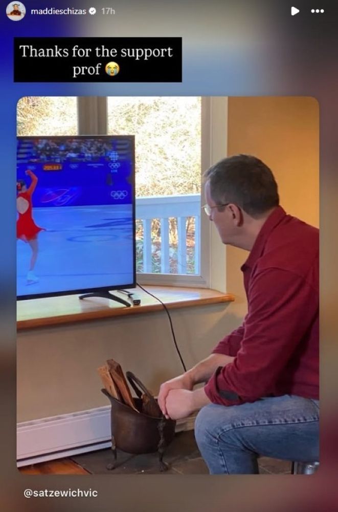 Canadian Olympic figure skater Maddie Schizas' professor watches her compete.