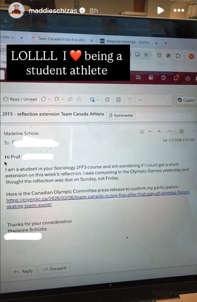 Canadian Olympic figure skater Maddie Schizas has gone viral after asking for an extension on a university assignment.