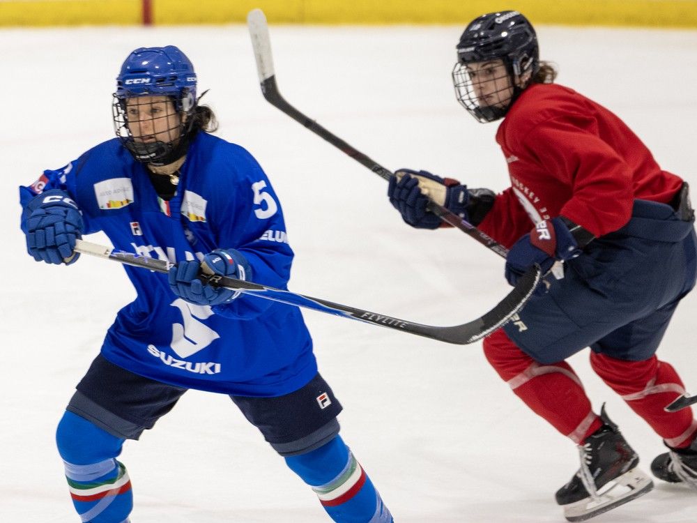 Laura Fortino skates in a scrimmage in Montreal in Olympic warmup in December.