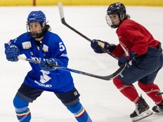 Laura Fortino skates in a scrimmage in Montreal in Olympic warmup in December.