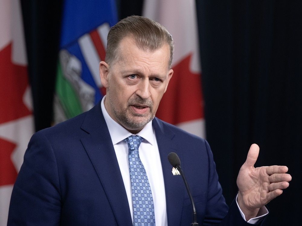 Minister of Public Safety and Emergency Services Mike Ellis speaks about Bill 15, Public Safety and Emergency Services Statutes Amendment Act, during a press conference at the Alberta Legislature, in Edmonton Feb. 24, 2026.