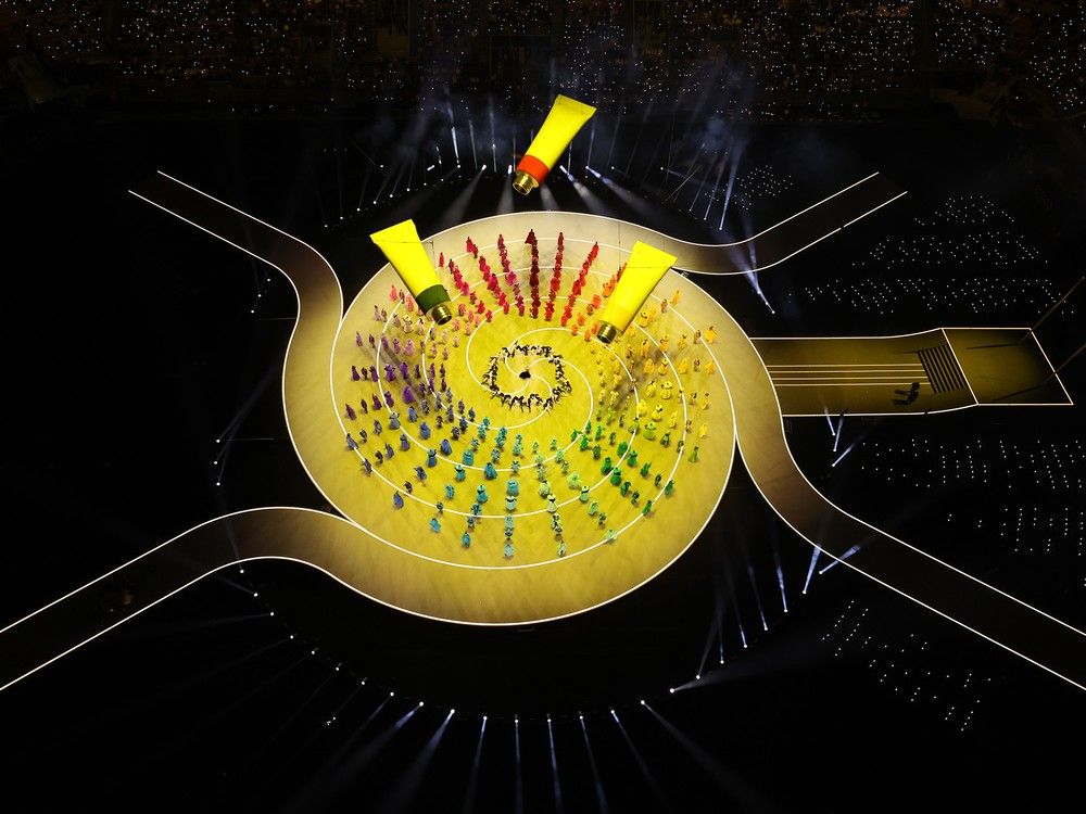 Giant paint tubes are seen as performers dance during the opening ceremony of the Milano Cortina 2026 Winter Olympics at San Siro Stadium on Feb. 06, 2026 in Milan, Italy. Giant paint tubes are seen as performers dance during the opening ceremony of the Milano Cortina 2026 Winter Olympics at San Siro Stadium on Feb. 06, 2026 in Milan, Italy.