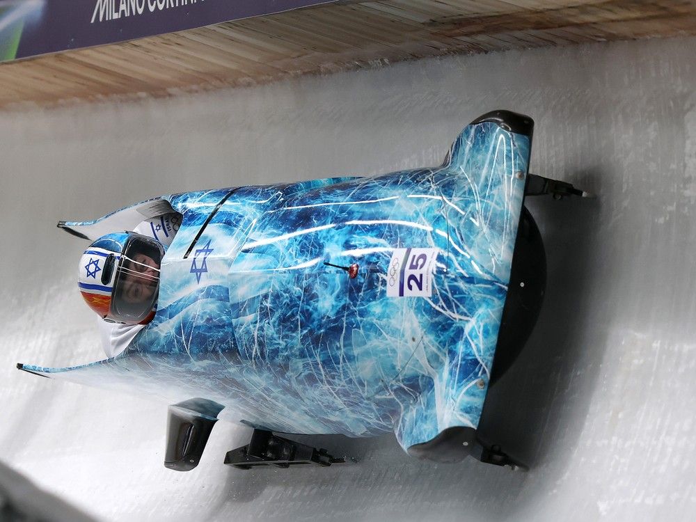  AJ Edelman and Menachem Chen of Team Israel compete in the Men’s Two-Man Bobsleigh Heat 1 on day ten of the Milano Cortina 2026 Winter Olympic games at Cortina Sliding Centre on February 16, 2026 in Cortina d’Ampezzo, Italy.