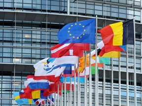The European Union flag flying amongst European Union member countries' national flags in front of the European Parliament building.