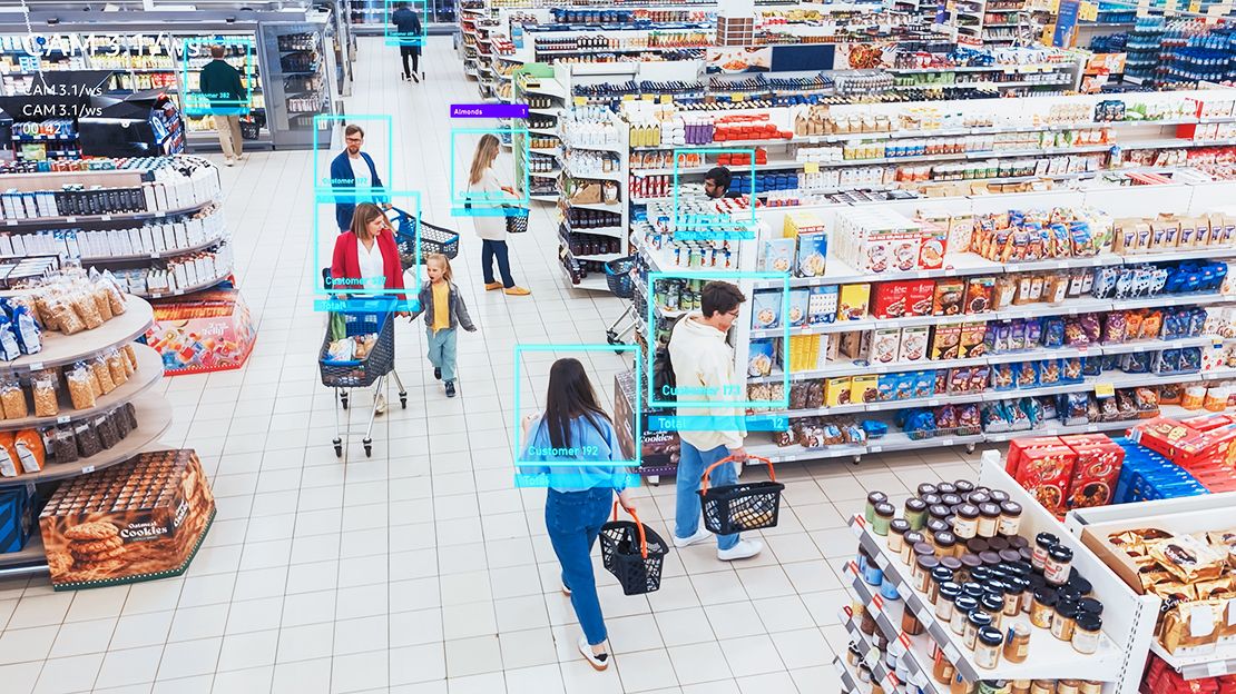Mockup of CCTV image with facial recognition in a grocery store.