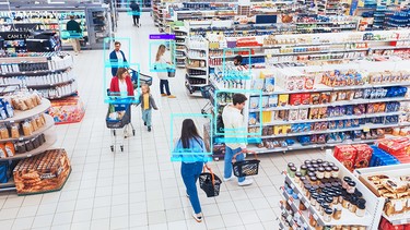 Mockup of CCTV image with facial recognition in a grocery store.