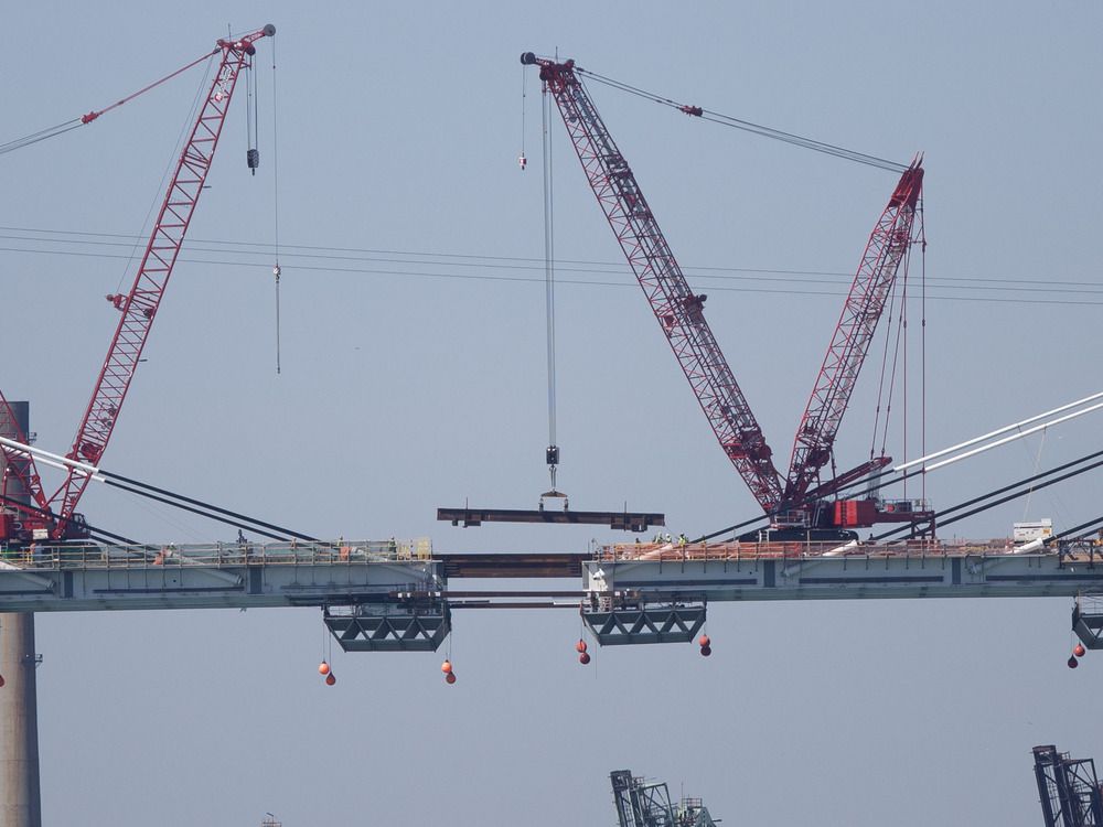  Bracing pieces are installed to connect the two sides of the Gordie Howe International Bridge in preparation for the final slab’s placement on Tuesday, June 11, 2024.