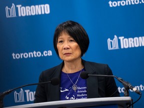 Toronto Mayor Olivia Chow speaks to reporters after a mass shooting near Scarborough Town Centre in Toronto, on Saturday, March 8, 2025.