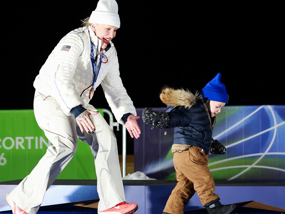  Bronze medalist Kaillie Humphries of Team USA celebrates with her son after the medal ceremony for the Bobsled Two-Woman on day 15 of the Milano-Cortina 2026 Winter Olympic games at Cortina Sliding Centre on Feb. 21, 2026 in Cortina d’Ampezzo, Italy.