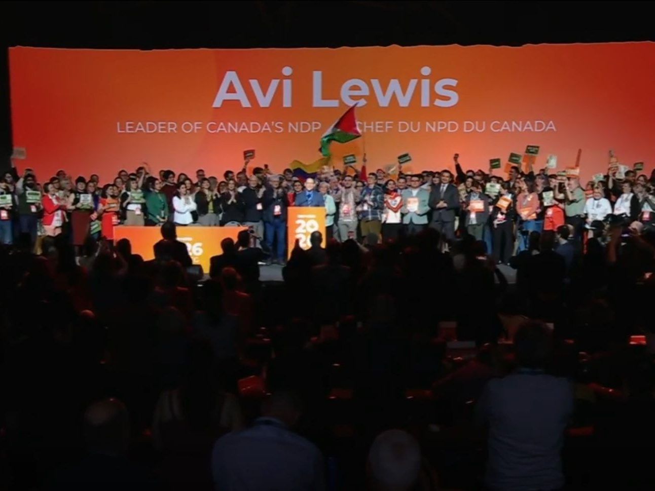 Amy Hamm: Avi Lewis claims NDP leadership in front of waving Palestinian flag