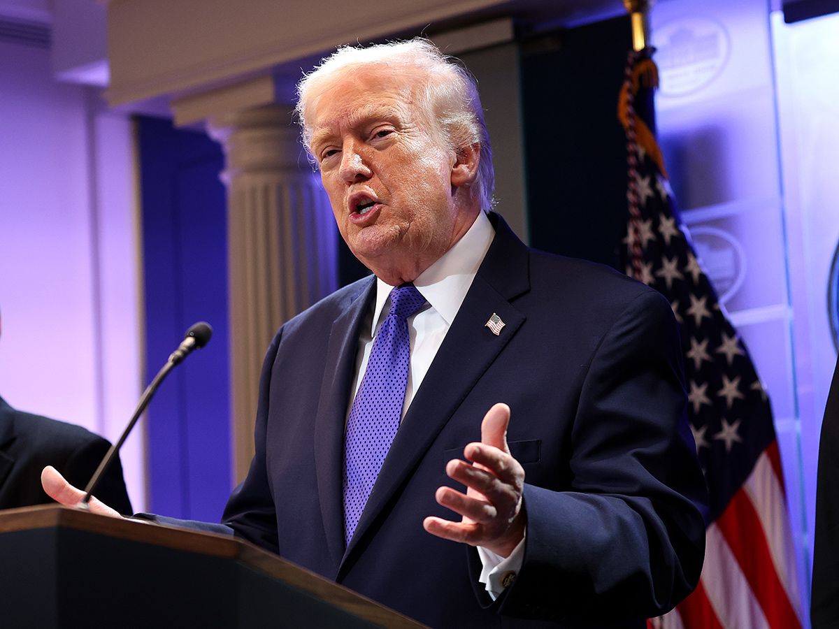 U.S. President Donald Trump addresses the U.S. Supreme Court's ruling against his use of emergency powers to implement international trade tariffs during a press briefing at the White House, Feb. 20, 2026.