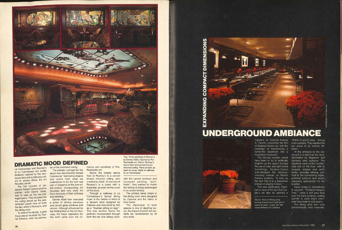  The December 1982 edition of Canadian Interiors magazine features an article on Rooney’s, A Toronto bar owned by Frank Stronach at the time and now a key location in his sexual assault prosecution.