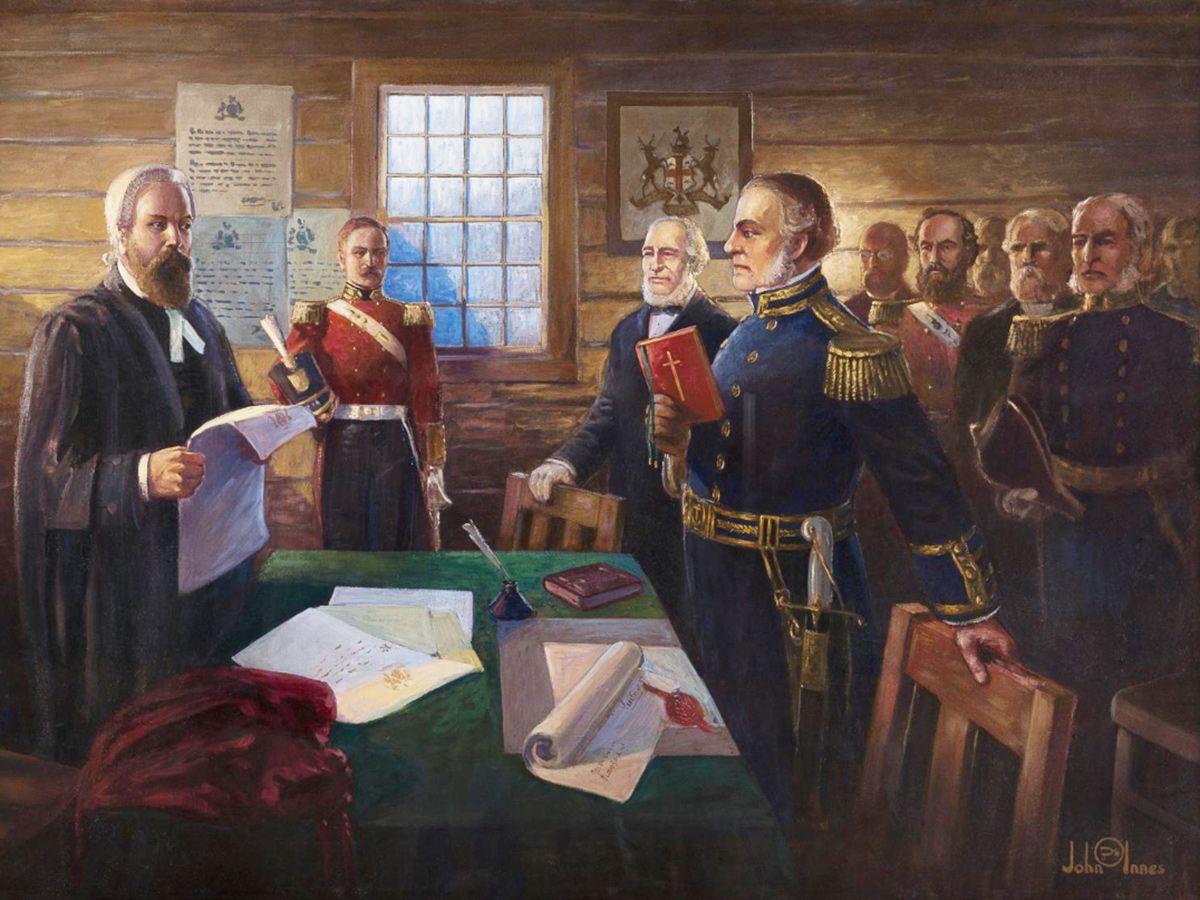 John Innes painting of Gov. James Douglas proclaiming the colony of British Columbia, at Fort Langley on Nov. 19, 1858.