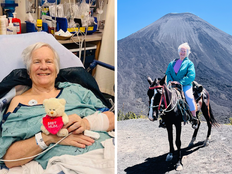 Miriam Lancaster in a hospital bed, left, and in Guatemala on a horse, right