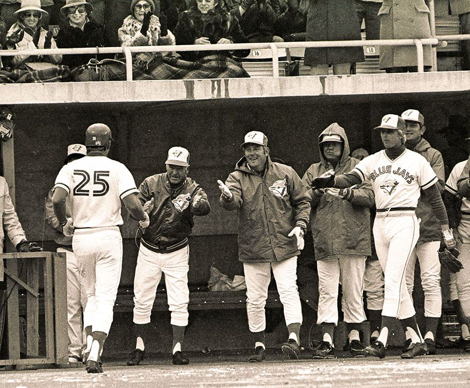 Doug Ault is congratulated for hitting the first run in the history of the Toronto Blue Jays on April 7, 1977.