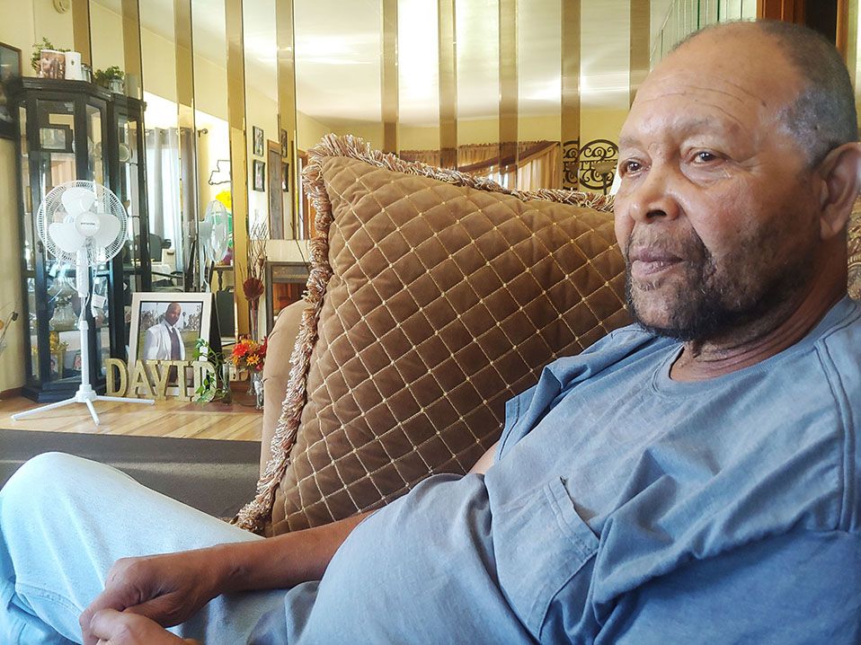 John Scott, original Blue Jays members of the 1977 team, with the shrine to his murdered son in Compton, Calif., in 2026.