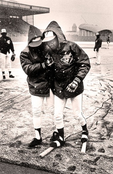 The cold and the snow were as much a part of the Blue Jays' first game at Exhibition Stadium as Doug Ault's two home runs. April 7, 1977.