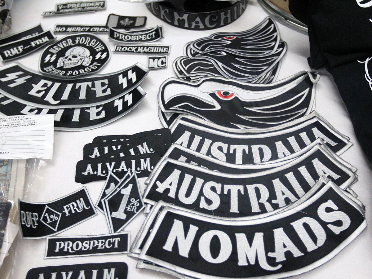  An assortment of Rock Machine Motorcycle Club patches seized in a major raid by the RCMP in Manitoba in January 2013.