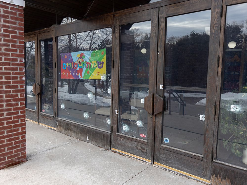 Bullet holes mark the front doors and windows of Jewish Temple Emanu-El in Toronto, March 3, 2026. Bullet holes mark the front doors and windows of Jewish Temple Emanu-El in Toronto, March 3, 2026.