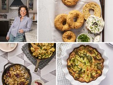 Clockwise from top left: author Melinda Strauss, Passover bagels, broccoli kugel, and sweet and savoury matzah brei