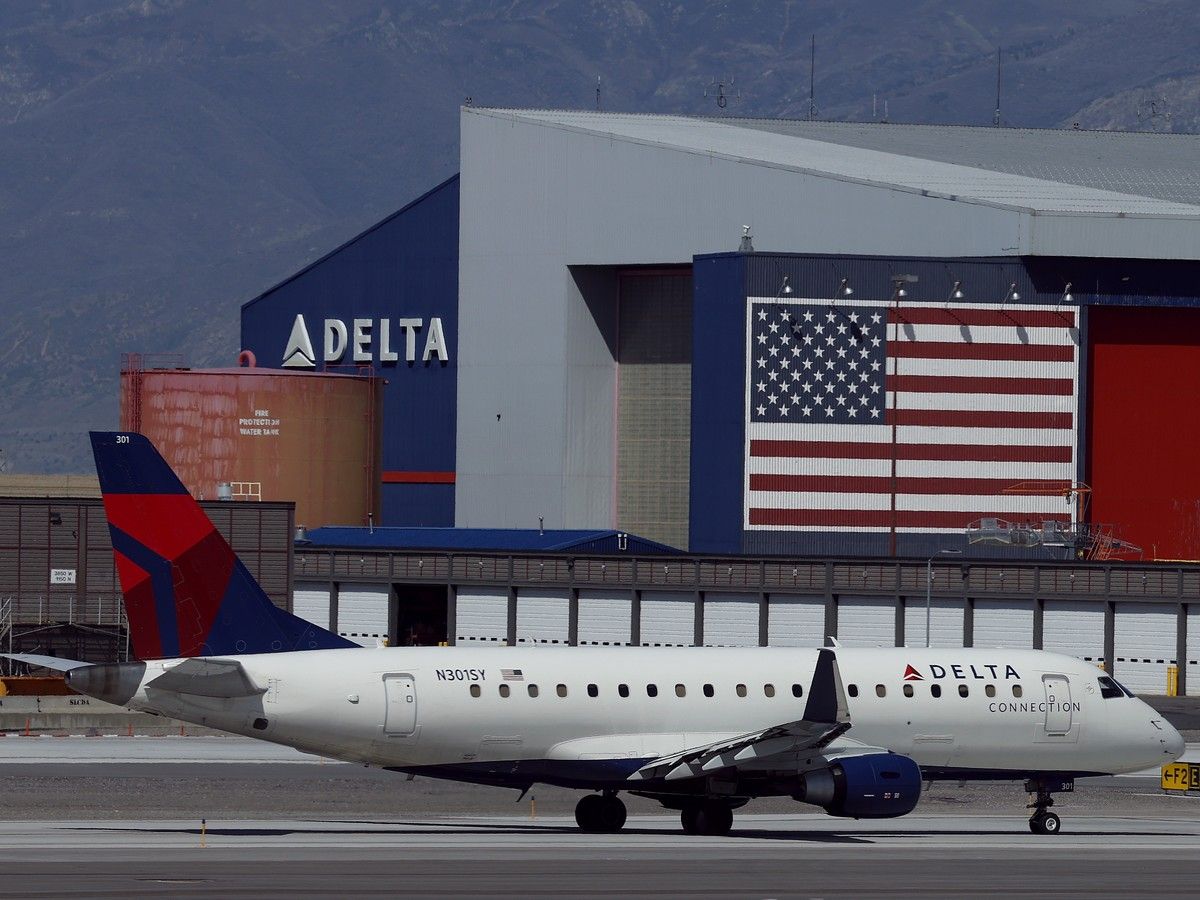  A Delta Airlines plane taxis at Salt Lake City International Airport on April 09, 2026.