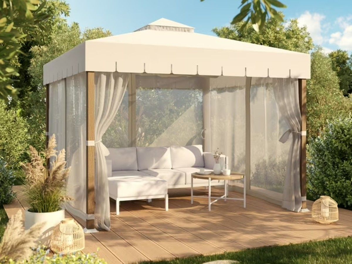 Walmart’s Westmount Gazebo and Hometrends sectional have a crisp silhouette.