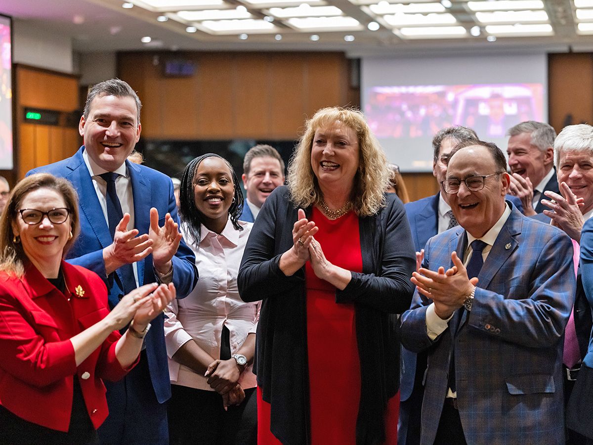Liberal MP Marilyn Gladu, centre, and members of the Liberal Party caucus cheer on other members walking into a caucus meeting on Parliament Hill in Ottawa on Wednesday, April 15, 2026.