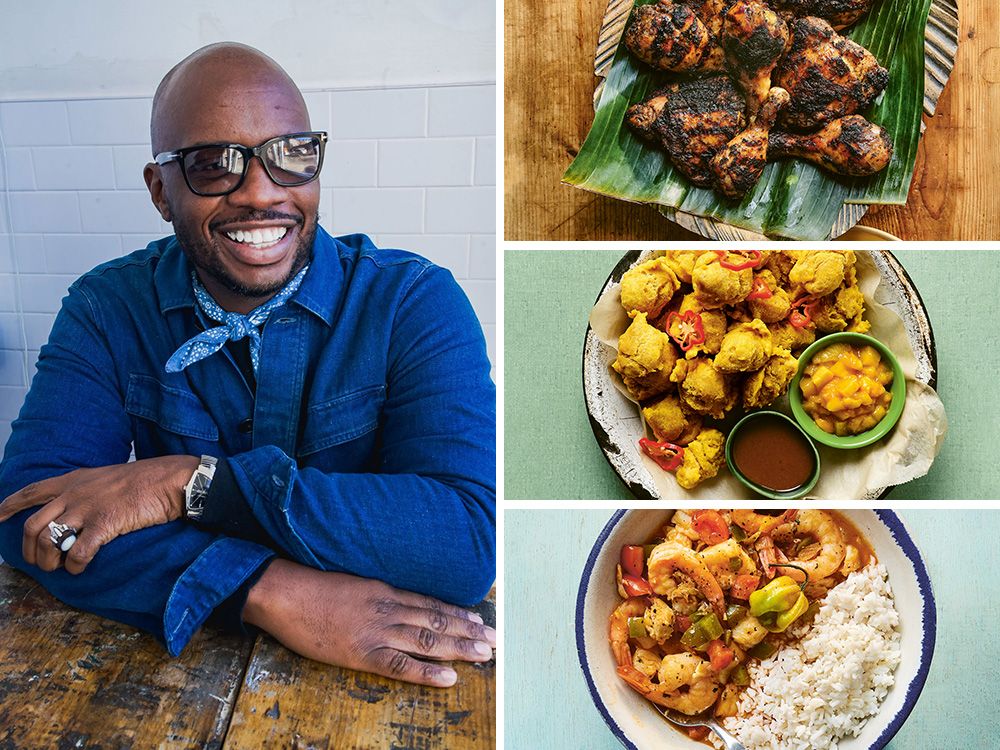 Clockwise from left: author Rawlston Williams, jerk chicken, pholourie and Haitian seafood Creole