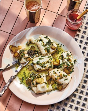 Dill Pickle Poached Cod with Scallion Sauce