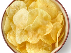 A bowl of potato chips viewed from above.