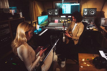 Goldie Boutilier and Parisian musician Max Baby at Max’s studio in Montmagny, France, outside Paris.
