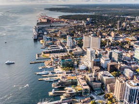 Aerial view of downtown Halifax and the waterfront.