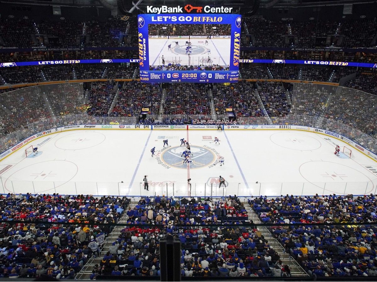  The Buffalo Sabres and Montréal Canadiens face off to start the first period of Game 2 of their second-round Stanley Cup playoff series at KeyBank Center on Friday, May 8, 2026.