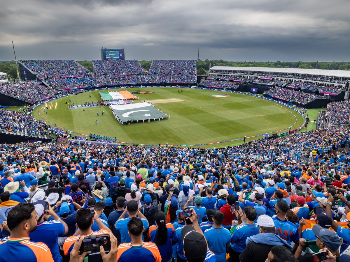  Flags representing India and Pakistan on the field at the ICC Men’s T20 World Cup in Nassau County International Cricket Stadium at Eisenhower Memorial Park in East Meadow, New York, on June 9, 2024.