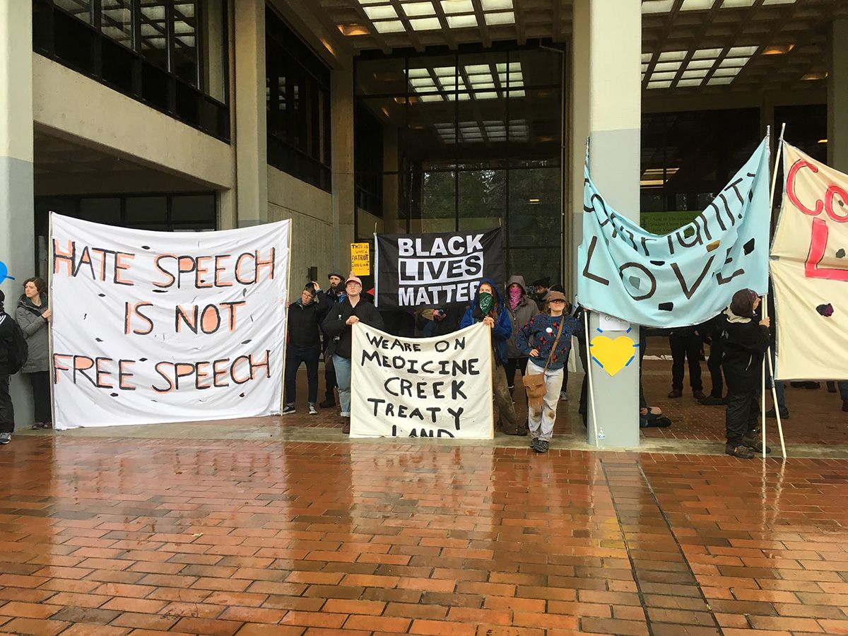  Protesters on Evergreen State College campus, in a scene from Speechless. “Somewhere along the way, the climate changed. Students didn’t just disagree with ideas. They felt harmed by them,” director Ric Esther Bienstock says.