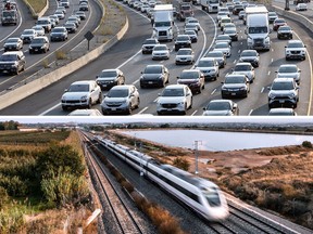 Cars on a highway and a train.