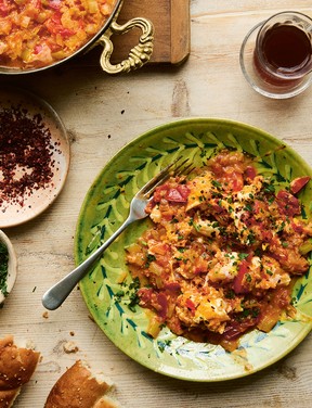 Scrambled eggs with tomatoes, peppers and onions (menemen)