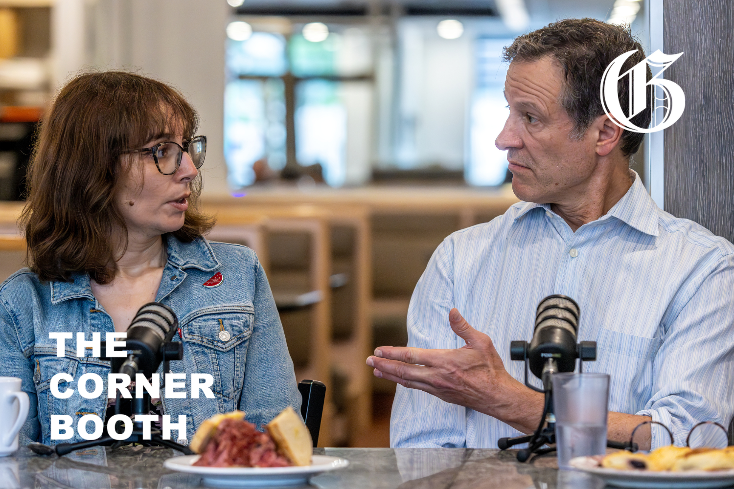 Aaron Rand and Bill Brownstein chat with Amy Darwish, housing advocate and James Hughes, President and CEO Old Brewery Mission on The Corner Booth at the Snowdon Deli in Montreal on Friday June 26, 2026. Dave Sidaway / Montreal Gazette