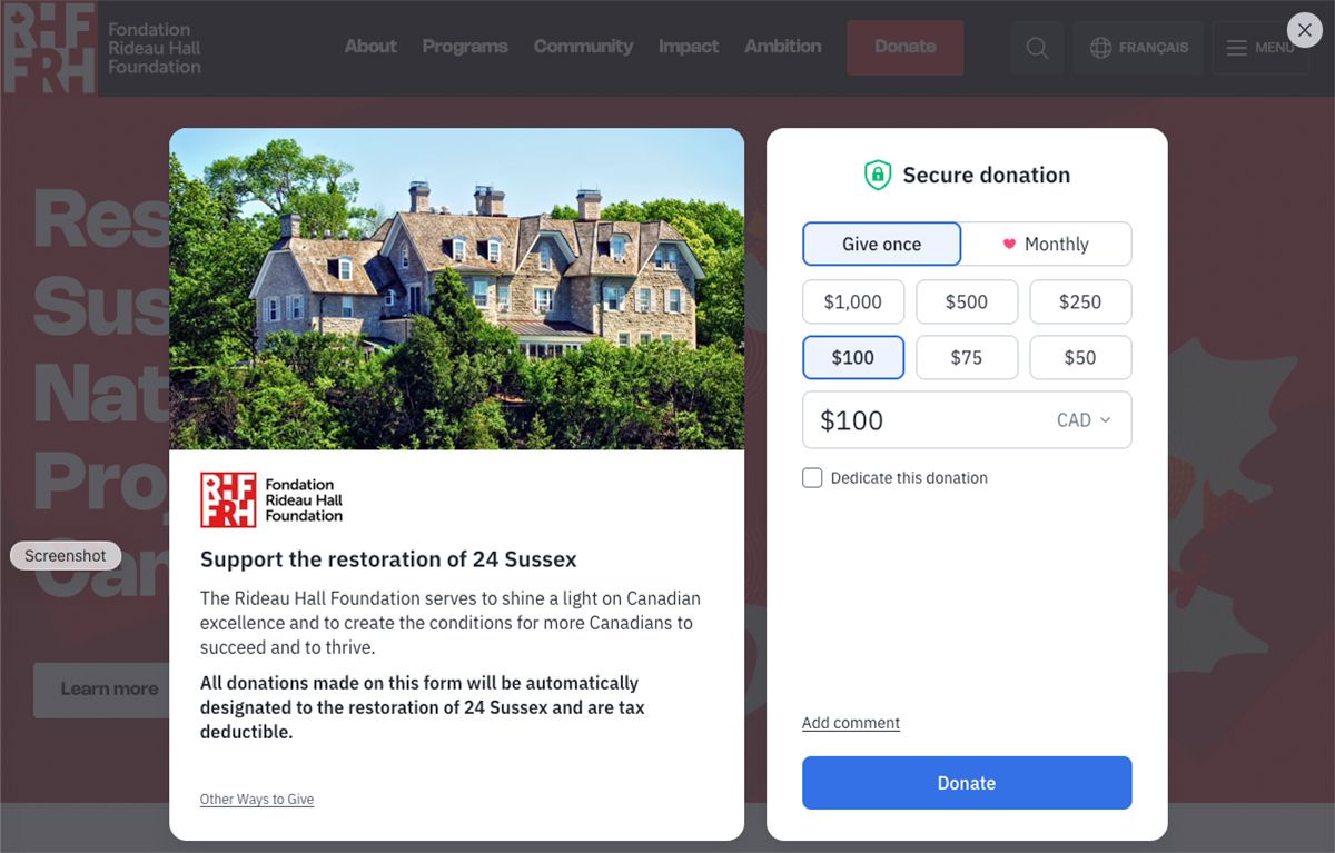 Screenshot of the donation page for 24 Sussex Drive on the Rideau Hall Foundation website. Screenshot of the donation page for 24 Sussex Drive on the Rideau Hall Foundation website.
