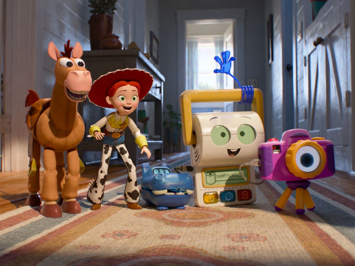 From left, Bullseye, Jessie, Atlas, Smarty Pants and Snappy in Toy Story 5.