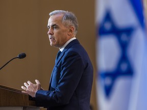 Canadian Prime Minister Mark Carney speaks at Holy Blossom Temple synagogue in Toronto on Monday June 1, 2026.