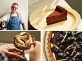 Clockwise from top left: author Edd Kimber, dinner party cake (a.k.a. double baked flourless chocolate cake), blueberry tarragon white chocolate cheesecake tart, and lazy baked Alaska