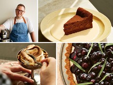 Clockwise from top left: author Edd Kimber, dinner party cake (a.k.a. double baked flourless chocolate cake), blueberry tarragon white chocolate cheesecake tart, and lazy baked Alaska