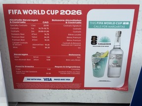 A sign showing concession prices at Toronto Stadium for the World Cup