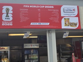 A sign showing concession prices at Toronto Stadium for the World Cup.